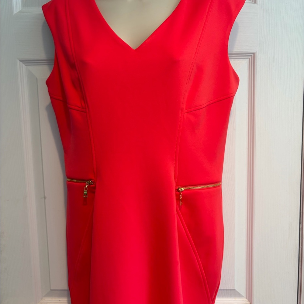 Sandra Darren Neon Coral Sheath Dress Size 8 Gold Zip Accent Career Cocktail